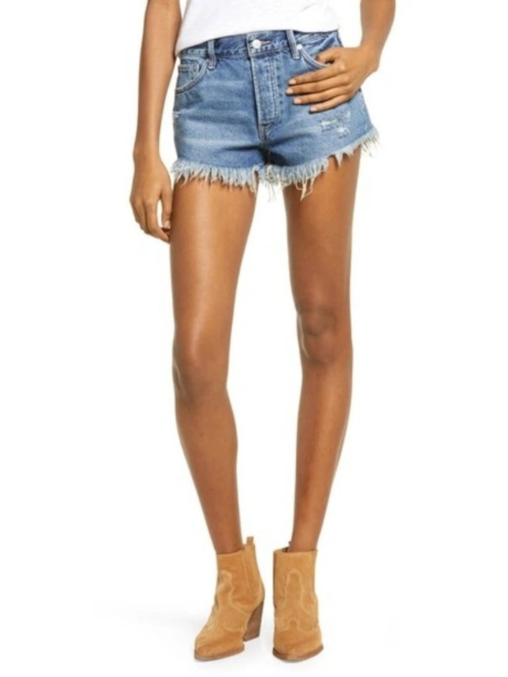 FP-2. Free People Loving Good Vibrations Cotton Frayed Denim Shorts Mid Indigo 2